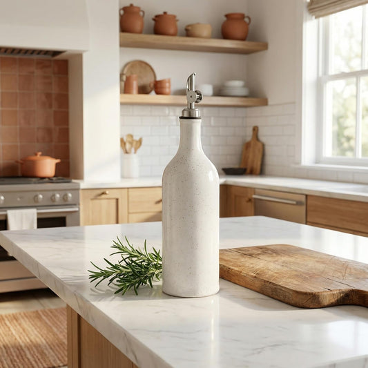Olive Oil Dispenser Bottle for Kitchen, 23 Oz Ceramic Oil Dispenser with Gravity Spout for Olive Oil, Evoo, Vinegar, Soy Sauce, Coffee Syrups, Oil (White)
