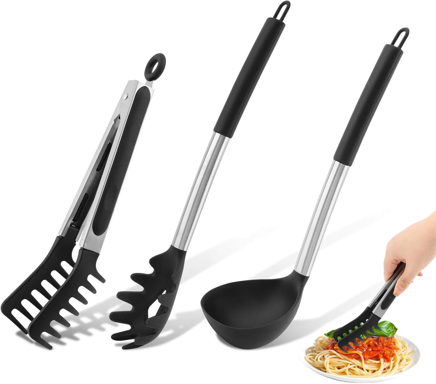 3PCS Spaghetti Spoon,Pasta Fork and Tong,Non-stick Silicone Spoon Server Fork with teeth and Stainless Steel Handle Noodles Tong, Food Clip,Food Spoon for Spaghetti Noodle