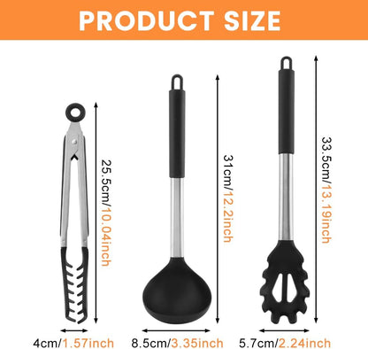 3PCS Spaghetti Spoon,Pasta Fork and Tong,Non-stick Silicone Spoon Server Fork with teeth and Stainless Steel Handle Noodles Tong, Food Clip,Food Spoon for Spaghetti Noodle