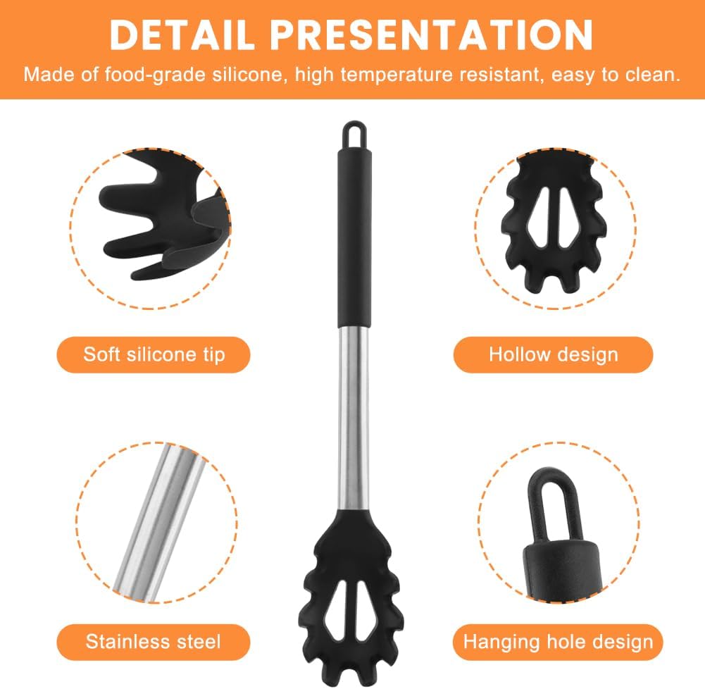 3PCS Spaghetti Spoon,Pasta Fork and Tong,Non-stick Silicone Spoon Server Fork with teeth and Stainless Steel Handle Noodles Tong, Food Clip,Food Spoon for Spaghetti Noodle