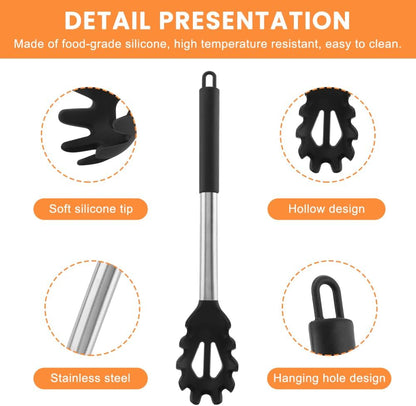 3PCS Spaghetti Spoon,Pasta Fork and Tong,Non-stick Silicone Spoon Server Fork with teeth and Stainless Steel Handle Noodles Tong, Food Clip,Food Spoon for Spaghetti Noodle