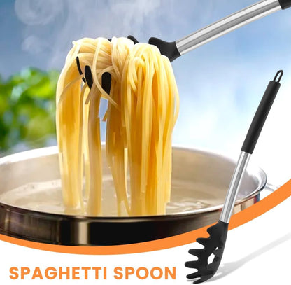 3PCS Spaghetti Spoon,Pasta Fork and Tong,Non-stick Silicone Spoon Server Fork with teeth and Stainless Steel Handle Noodles Tong, Food Clip,Food Spoon for Spaghetti Noodle