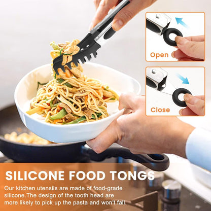 3PCS Spaghetti Spoon,Pasta Fork and Tong,Non-stick Silicone Spoon Server Fork with teeth and Stainless Steel Handle Noodles Tong, Food Clip,Food Spoon for Spaghetti Noodle