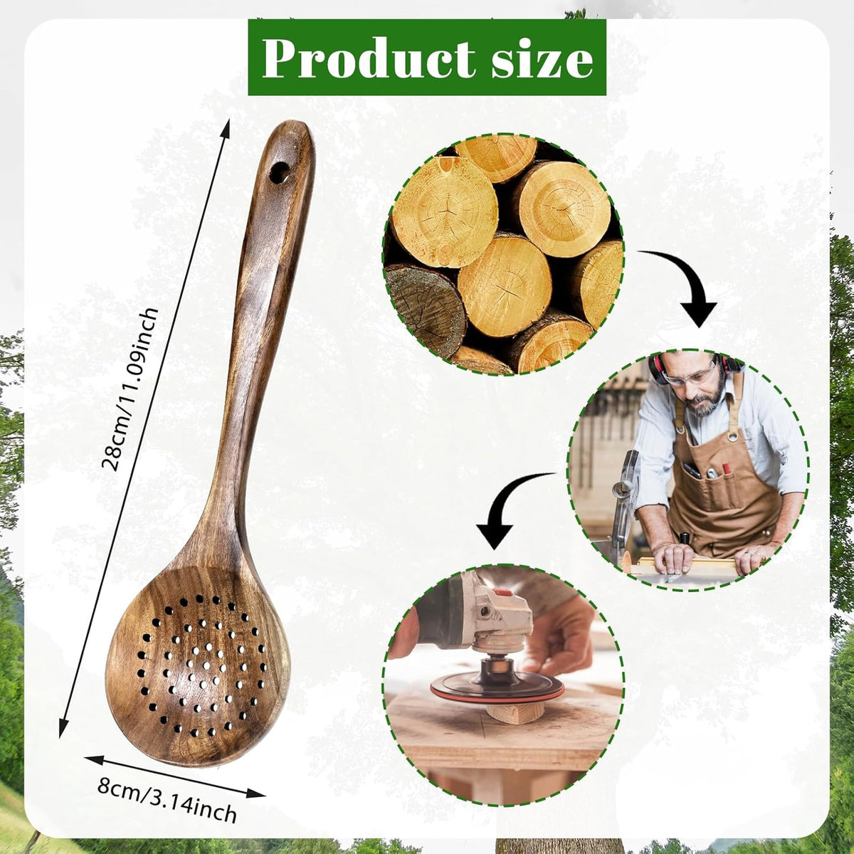 Wooden Slotted Spoon Natural Wooden Skimmer Spoon Teak Slotted Spoons for Cooking Long Handle Wooden-Ladle with Holes 11 Inch