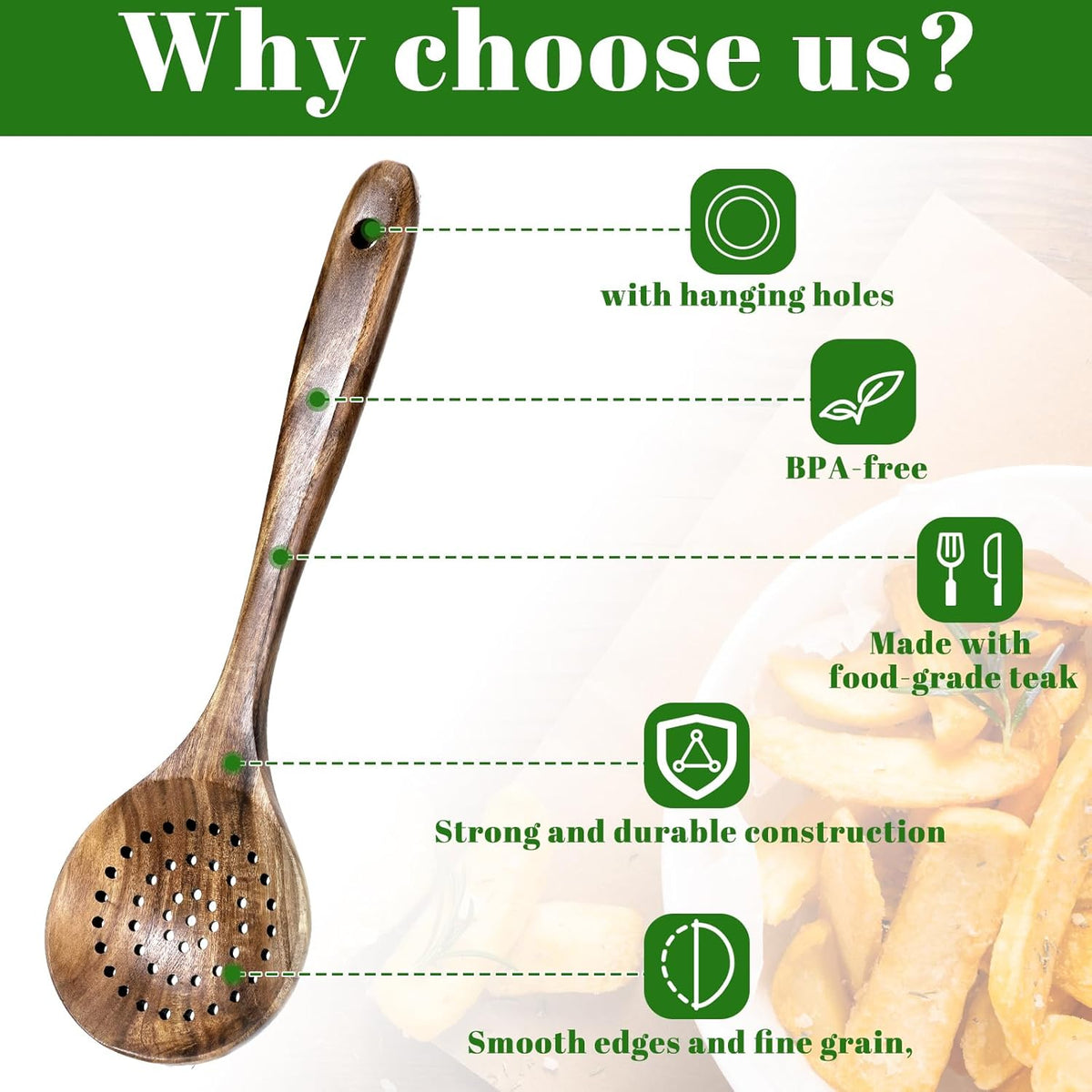 Wooden Slotted Spoon Natural Wooden Skimmer Spoon Teak Slotted Spoons for Cooking Long Handle Wooden-Ladle with Holes 11 Inch