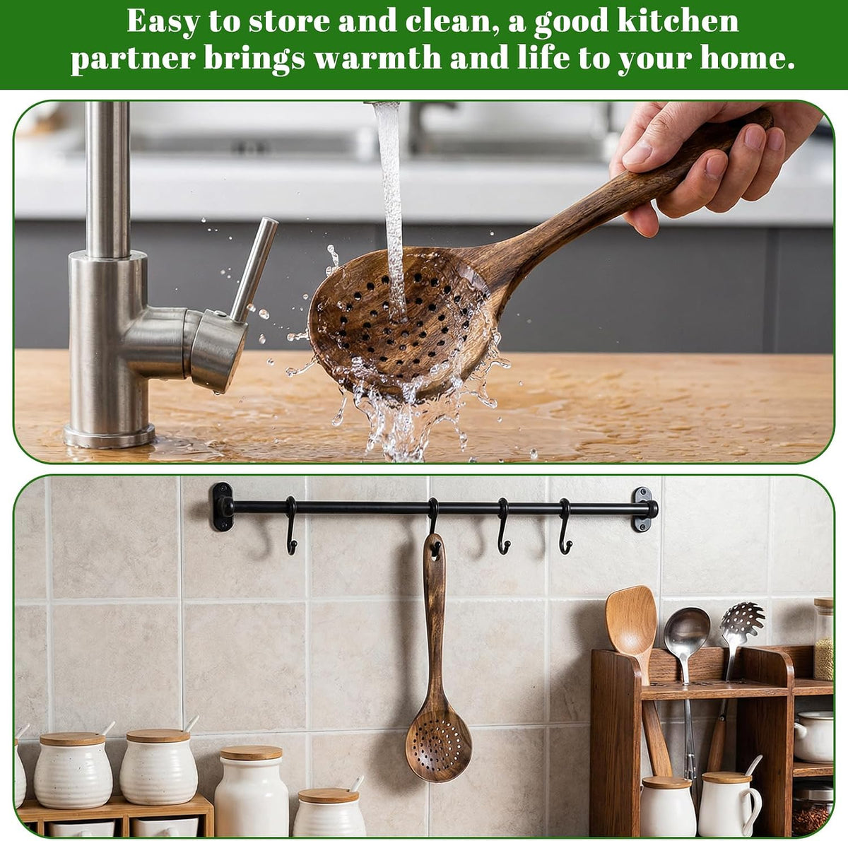 Wooden Slotted Spoon Natural Wooden Skimmer Spoon Teak Slotted Spoons for Cooking Long Handle Wooden-Ladle with Holes 11 Inch
