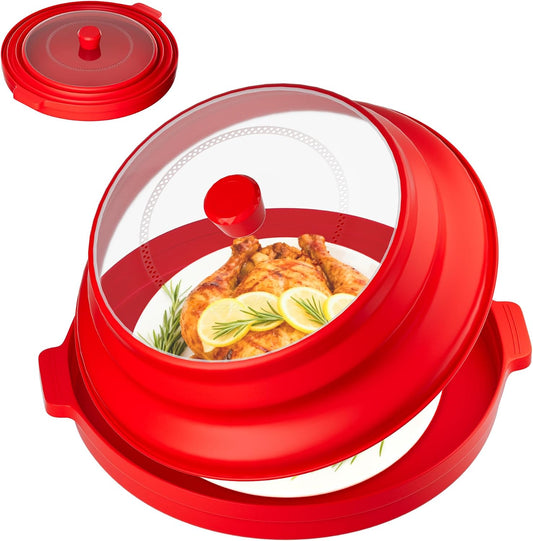 2 in 1 Microwave Splatter Cover, Large Plastic & Silicone Collapsible Vented Food Guard Lid with Anti-scald Base Plate, Plate Holder & Kitchen Colander (Red)