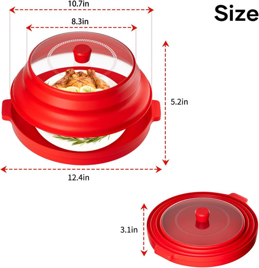 2 in 1 Microwave Splatter Cover, Large Plastic & Silicone Collapsible Vented Food Guard Lid with Anti-scald Base Plate, Plate Holder & Kitchen Colander (Red)
