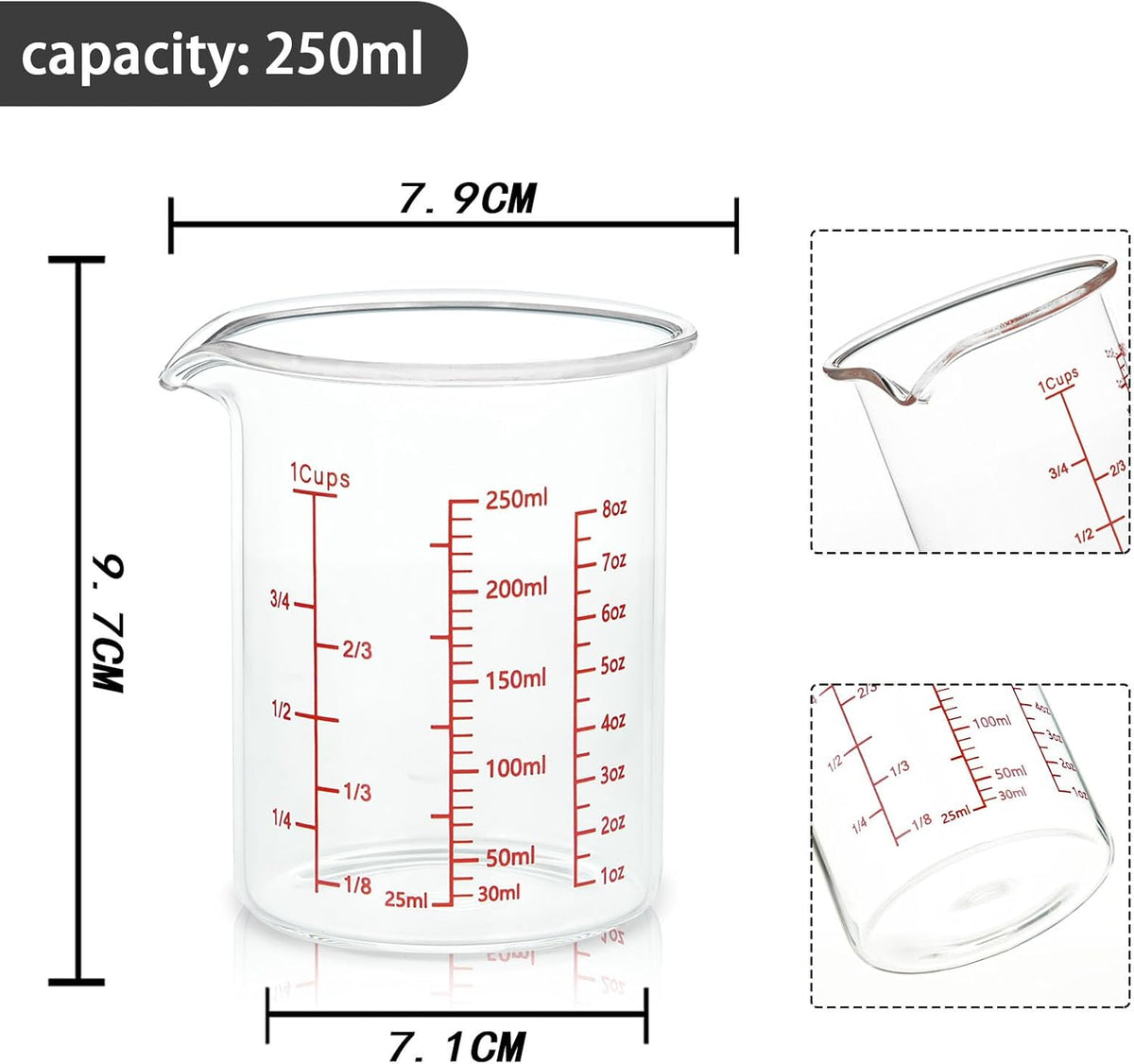 Glass Measuring Cup 8OZ/250ML/1 CUP High Borosilicate Heat Resistant Glass Measuring Cup with Clear Markings (oz, Cup, ml) Liquid Measuring Cup with Spout (250ml)
