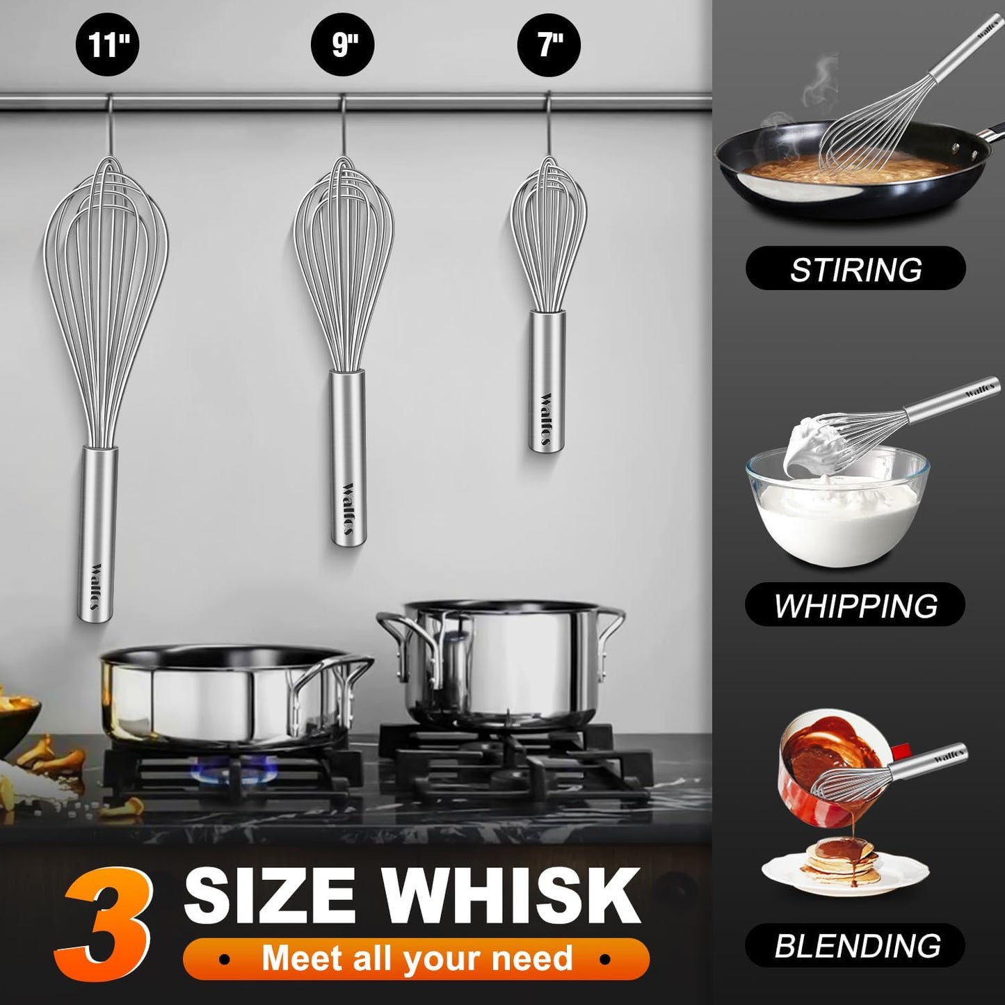 Whisk,304 Stainless Steel whisk,No-Rust 7+9+11inch Whisks for cooking Nice for Blending,Whisking,Beating.Heat resistant 600°F Dishwasher Safe. Heavy duty kitchen whisk.SILVER