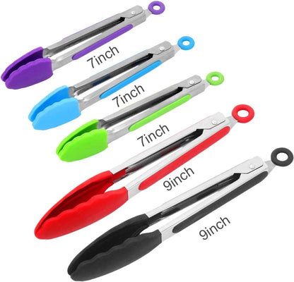 Kitchen Tongs with Silicone Tips - Set of 5, 7 9 Inch Premium Silicone Tipped Tongs for Cooking Heat Resistant, Serving Food, BBQ
