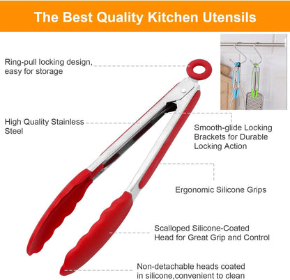 Kitchen Tongs with Silicone Tips - Set of 5, 7 9 Inch Premium Silicone Tipped Tongs for Cooking Heat Resistant, Serving Food, BBQ
