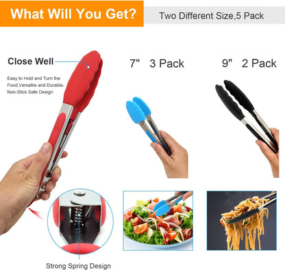 Kitchen Tongs with Silicone Tips - Set of 5, 7 9 Inch Premium Silicone Tipped Tongs for Cooking Heat Resistant, Serving Food, BBQ