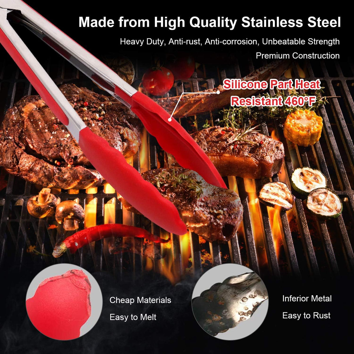 Kitchen Tongs with Silicone Tips - Set of 5, 7 9 Inch Premium Silicone Tipped Tongs for Cooking Heat Resistant, Serving Food, BBQ