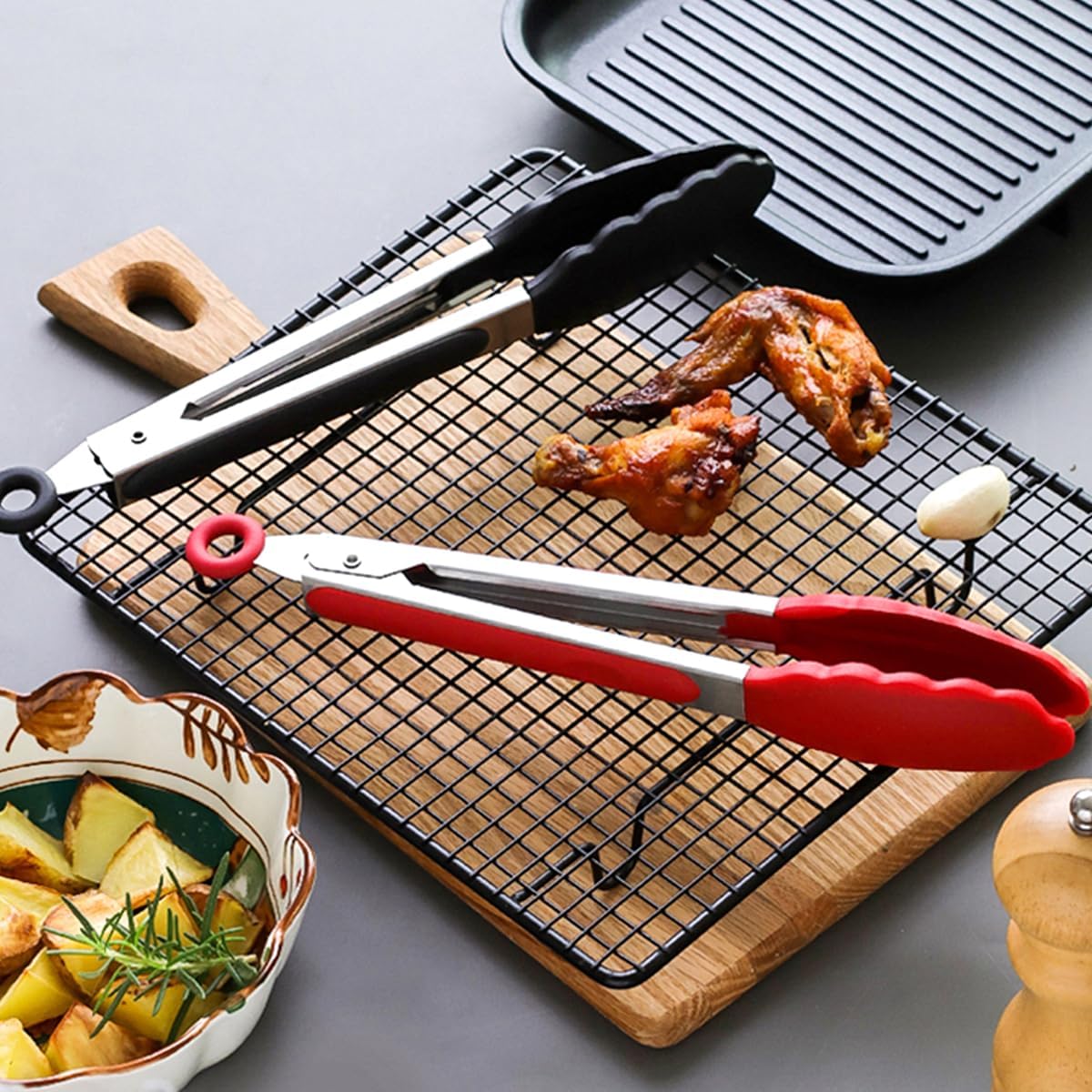Kitchen Tongs with Silicone Tips - Set of 5, 7 9 Inch Premium Silicone Tipped Tongs for Cooking Heat Resistant, Serving Food, BBQ