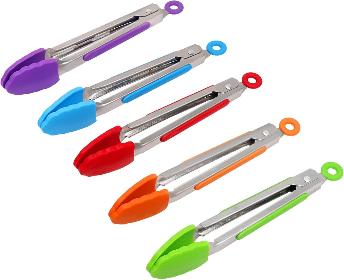 Kitchen Tongs with Silicone Tips - Set of 5, 7 9 Inch Premium Silicone Tipped Tongs for Cooking Heat Resistant, Serving Food, BBQ