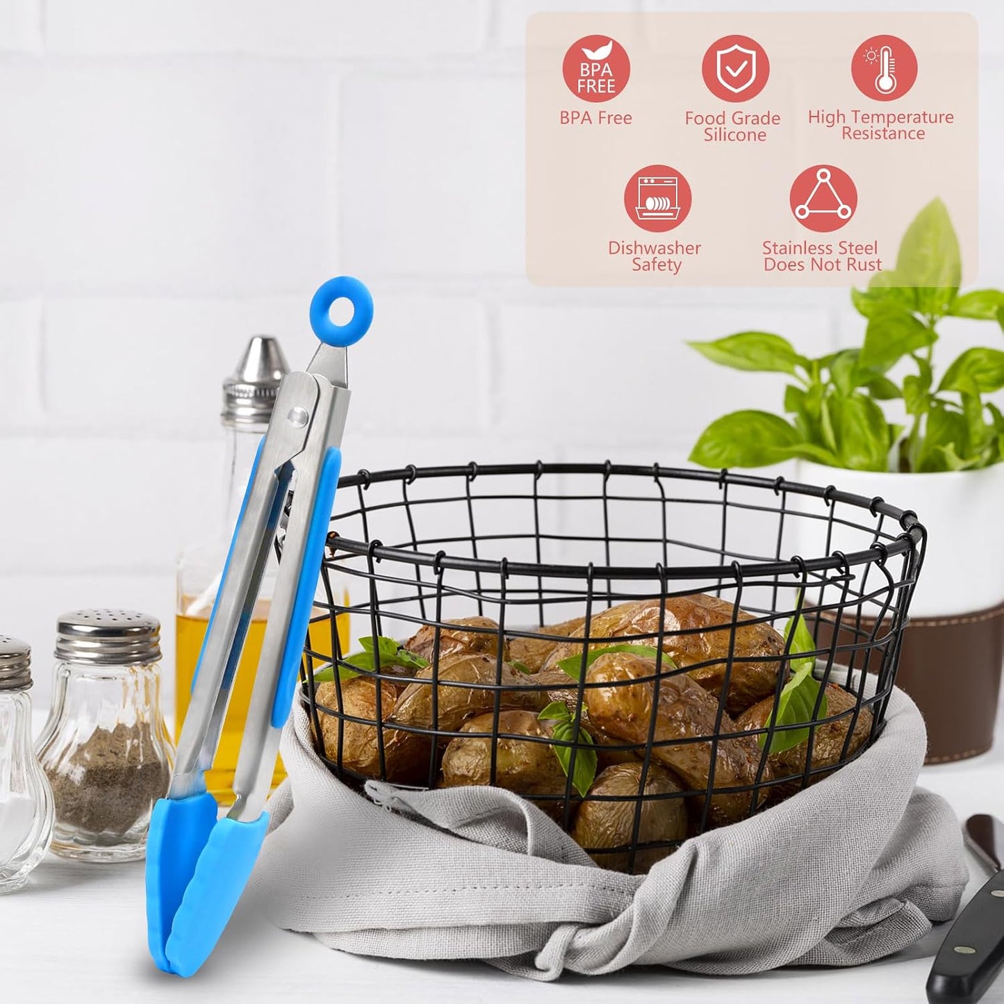 Kitchen Tongs with Silicone Tips - Set of 5, 7 9 Inch Premium Silicone Tipped Tongs for Cooking Heat Resistant, Serving Food, BBQ