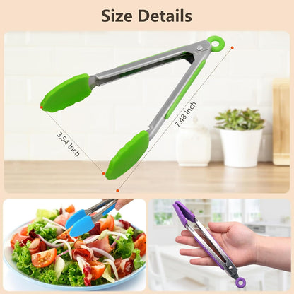 Kitchen Tongs with Silicone Tips - Set of 5, 7 9 Inch Premium Silicone Tipped Tongs for Cooking Heat Resistant, Serving Food, BBQ