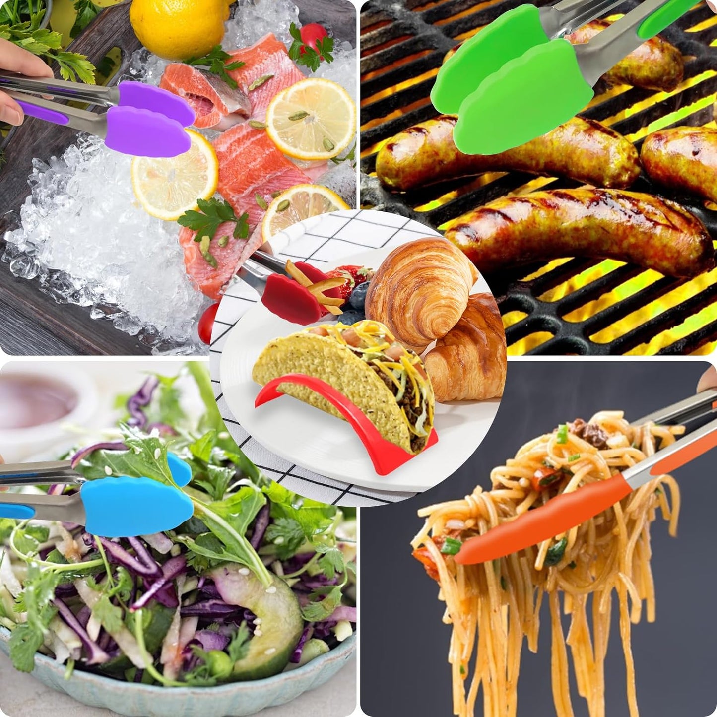 Kitchen Tongs with Silicone Tips - Set of 5, 7 9 Inch Premium Silicone Tipped Tongs for Cooking Heat Resistant, Serving Food, BBQ