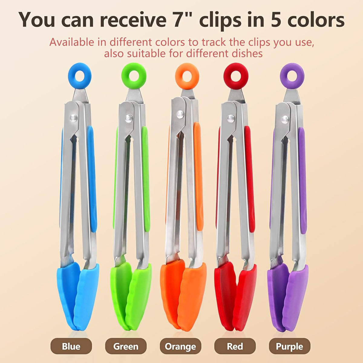 Kitchen Tongs with Silicone Tips - Set of 5, 7 9 Inch Premium Silicone Tipped Tongs for Cooking Heat Resistant, Serving Food, BBQ