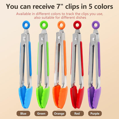 Kitchen Tongs with Silicone Tips - Set of 5, 7 9 Inch Premium Silicone Tipped Tongs for Cooking Heat Resistant, Serving Food, BBQ