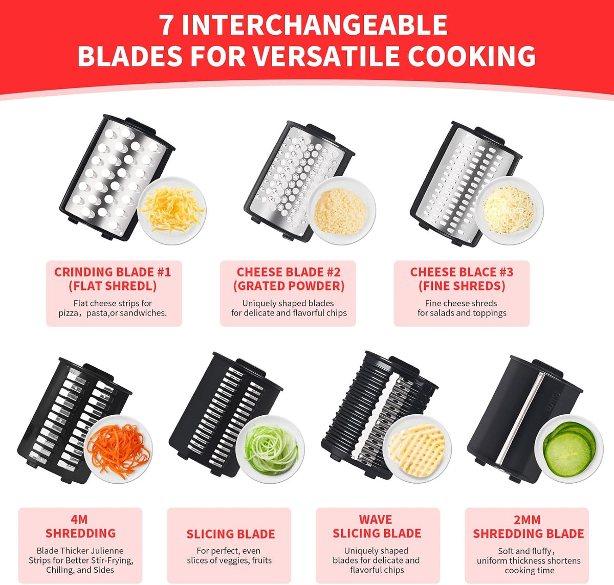 Electric Cheese Grater 250W, 7-in-1 Salad Maker & Vegetable Slicer Shredder with Widened Feeding Port for Block Cheese, Carrots, Potatoes & Fruits, Professional Food Grating Machine