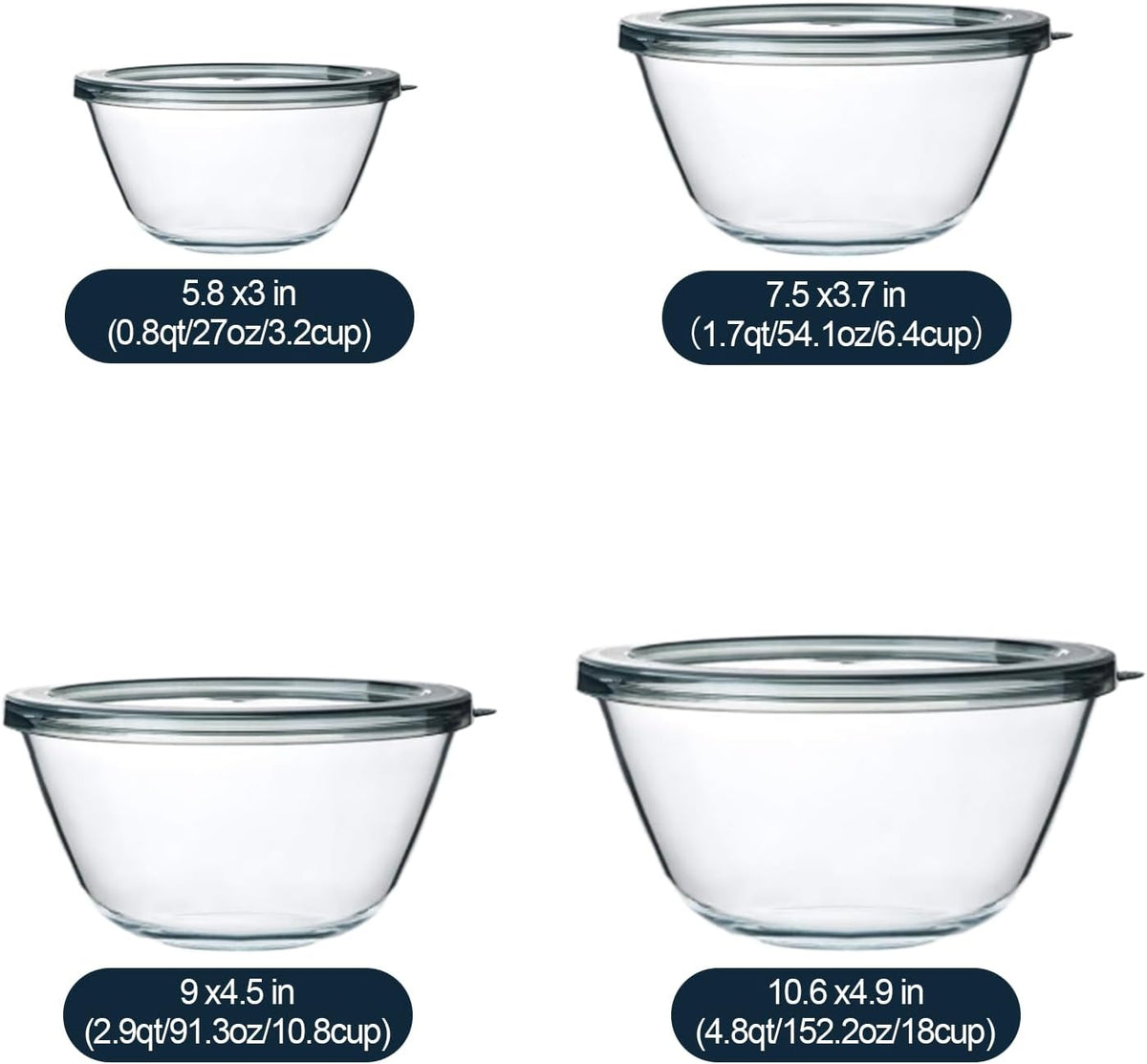 4 Packs Glass Mixing Bowls with Lids Set, 0.8/1.7/2.9/4.8 Qt