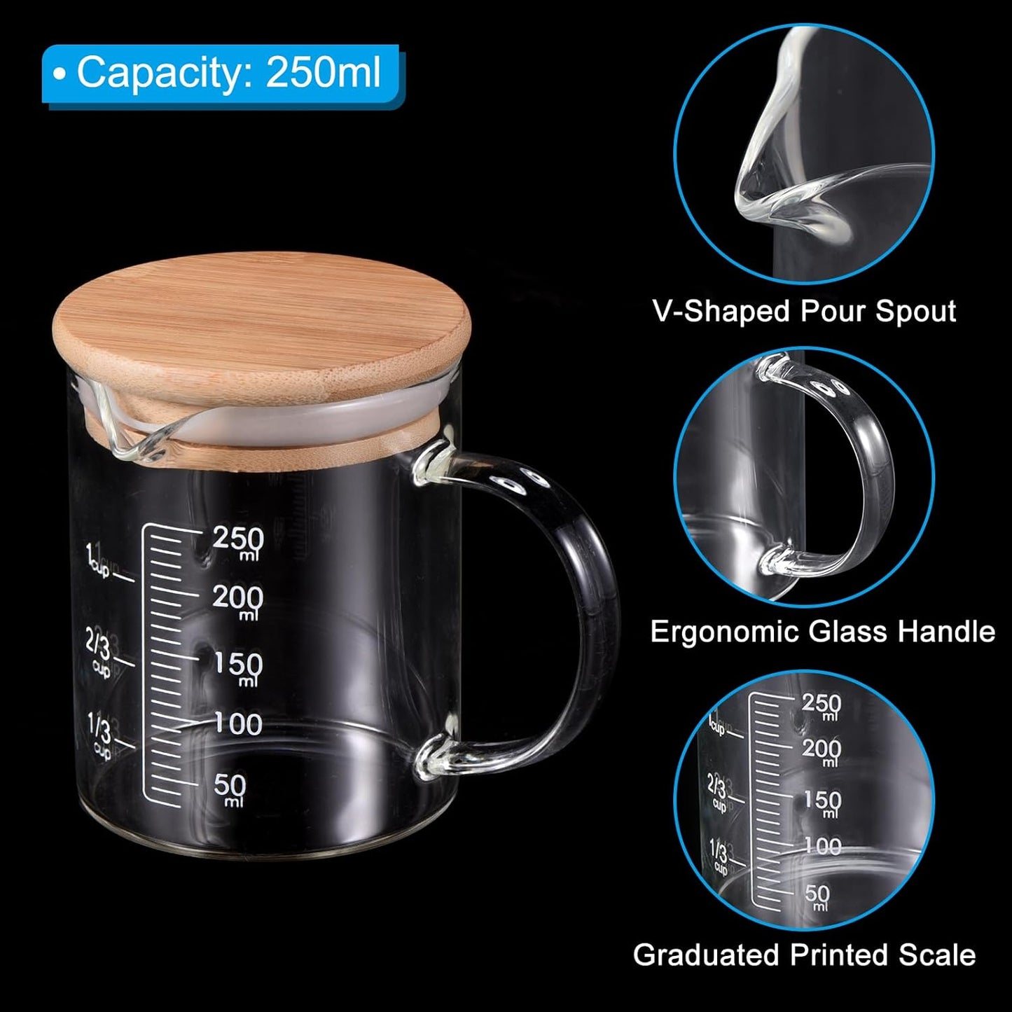 250ml Glass Measuring Cup, 3.3 Borosilicate Glass Graduated White Printed Scale Liquid Measure Cups Beaker with Wood Lid and V-Shaped Spout for Kitchen