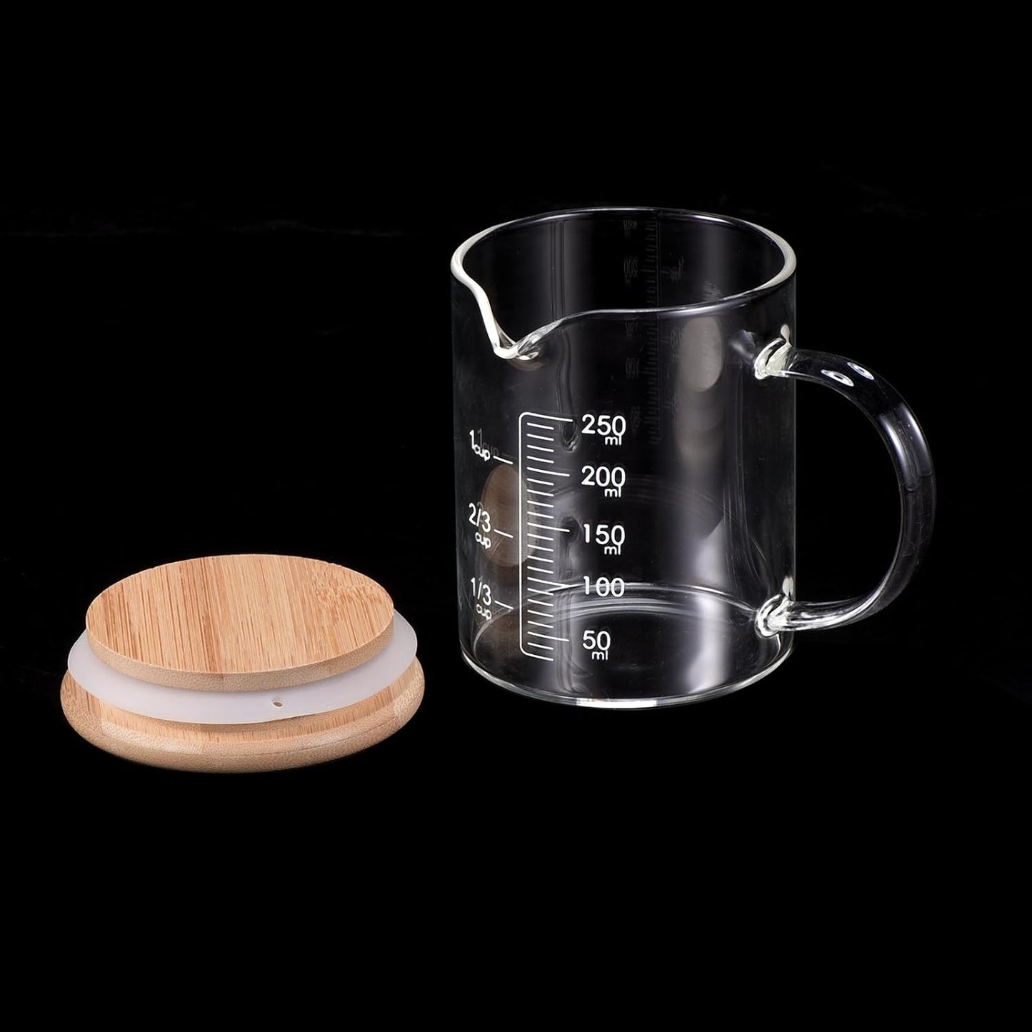250ml Glass Measuring Cup, 3.3 Borosilicate Glass Graduated White Printed Scale Liquid Measure Cups Beaker with Wood Lid and V-Shaped Spout for Kitchen