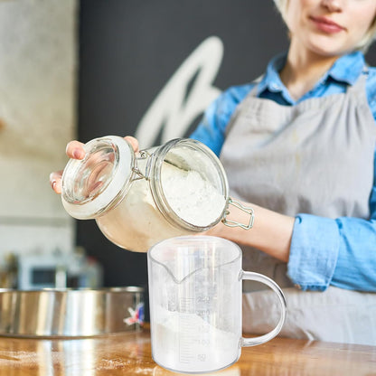 250ml Glass Measuring Cup, 3.3 Borosilicate Glass Graduated White Printed Scale Liquid Measure Cups Beaker with Wood Lid and V-Shaped Spout for Kitchen