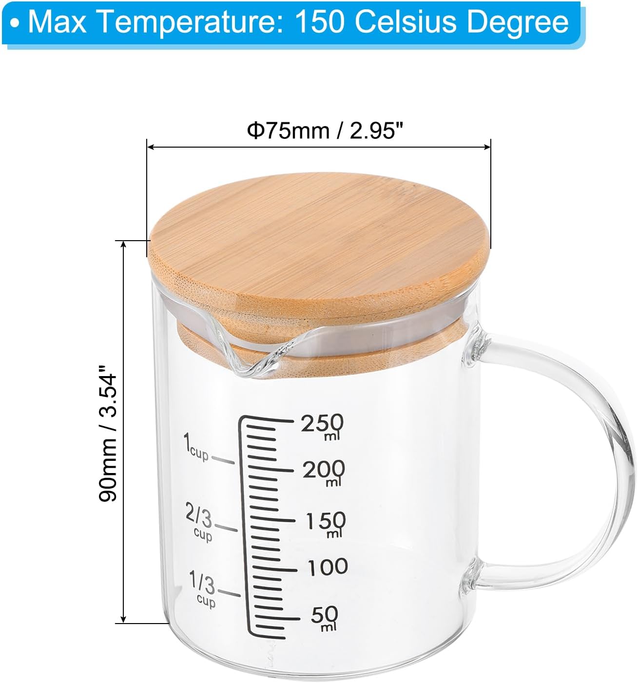 250ml Glass Measuring Cup, 3.3 Borosilicate Glass Graduated White Printed Scale Liquid Measure Cups Beaker with Wood Lid and V-Shaped Spout for Kitchen