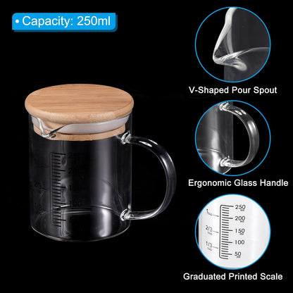 250ml Glass Measuring Cup, 3.3 Borosilicate Glass Graduated White Printed Scale Liquid Measure Cups Beaker with Wood Lid and V-Shaped Spout for Kitchen