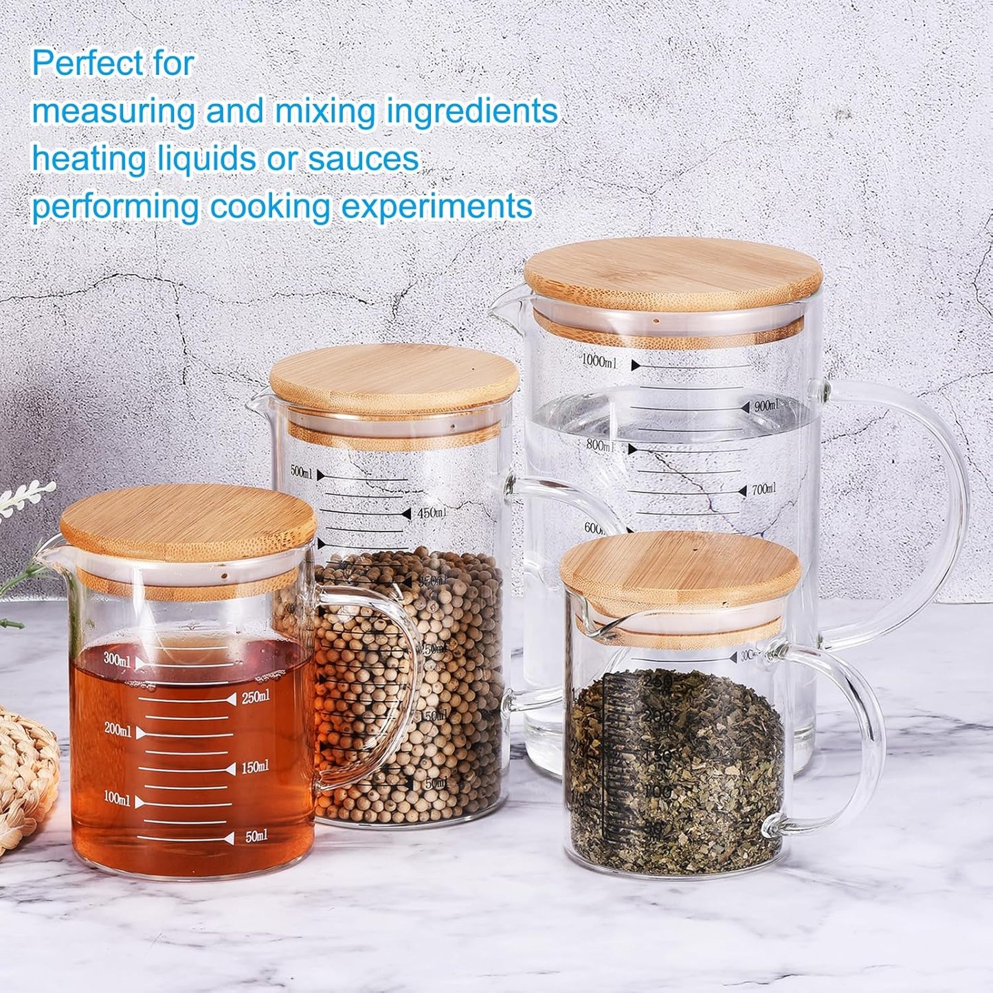 250ml Glass Measuring Cup, 3.3 Borosilicate Glass Graduated White Printed Scale Liquid Measure Cups Beaker with Wood Lid and V-Shaped Spout for Kitchen