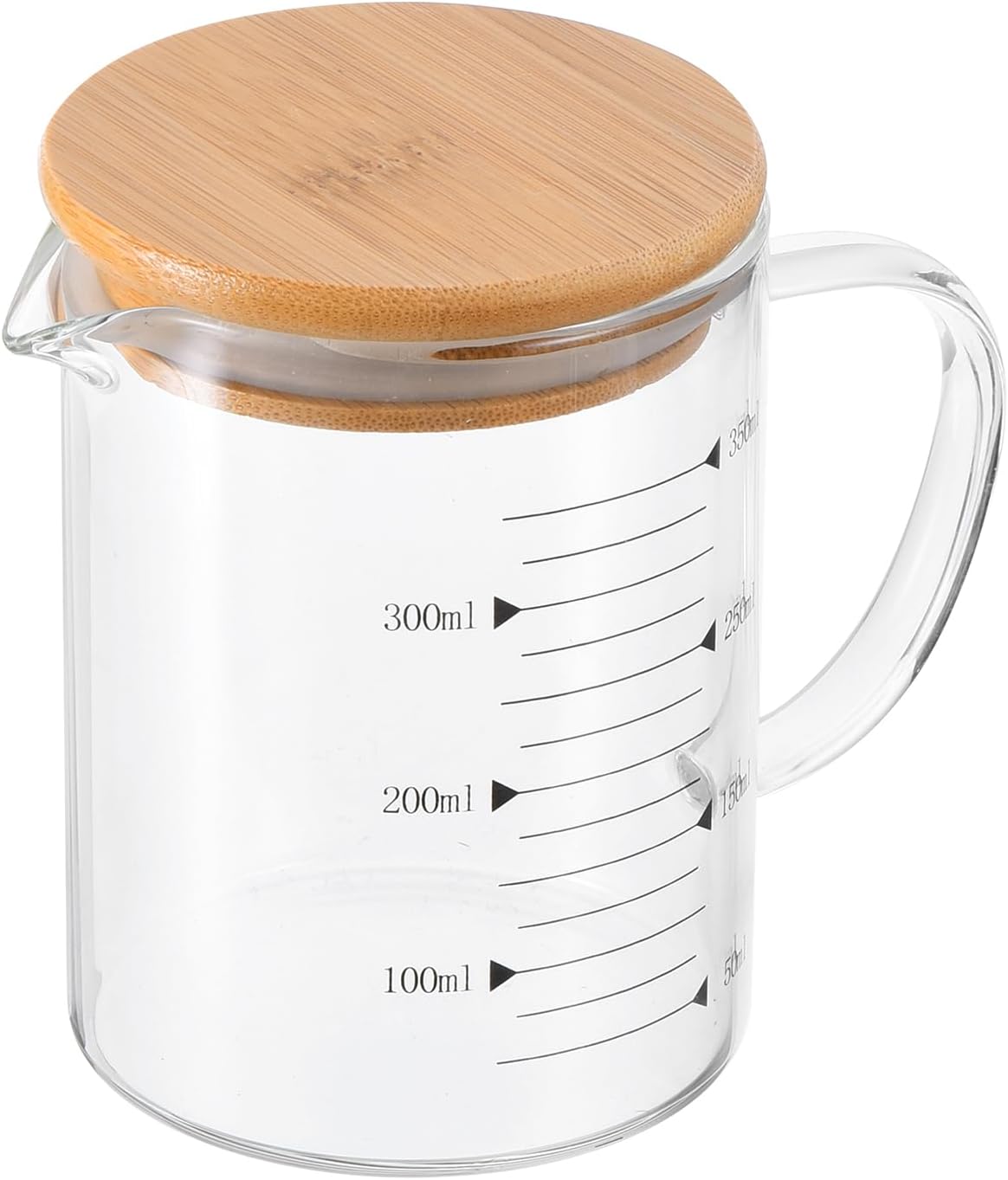 250ml Glass Measuring Cup, 3.3 Borosilicate Glass Graduated White Printed Scale Liquid Measure Cups Beaker with Wood Lid and V-Shaped Spout for Kitchen