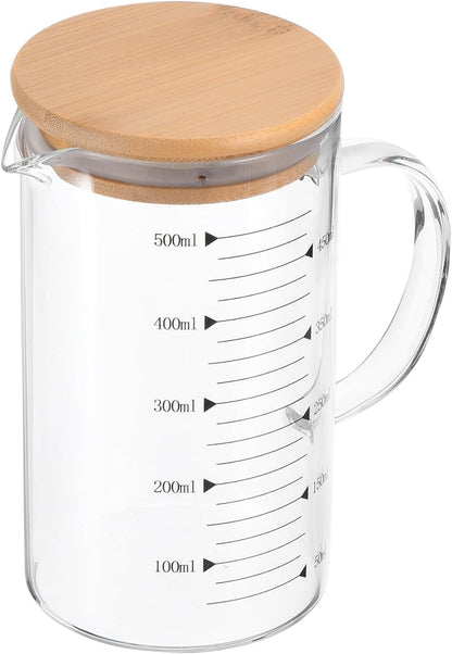 250ml Glass Measuring Cup, 3.3 Borosilicate Glass Graduated White Printed Scale Liquid Measure Cups Beaker with Wood Lid and V-Shaped Spout for Kitchen