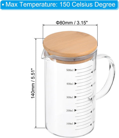 250ml Glass Measuring Cup, 3.3 Borosilicate Glass Graduated White Printed Scale Liquid Measure Cups Beaker with Wood Lid and V-Shaped Spout for Kitchen