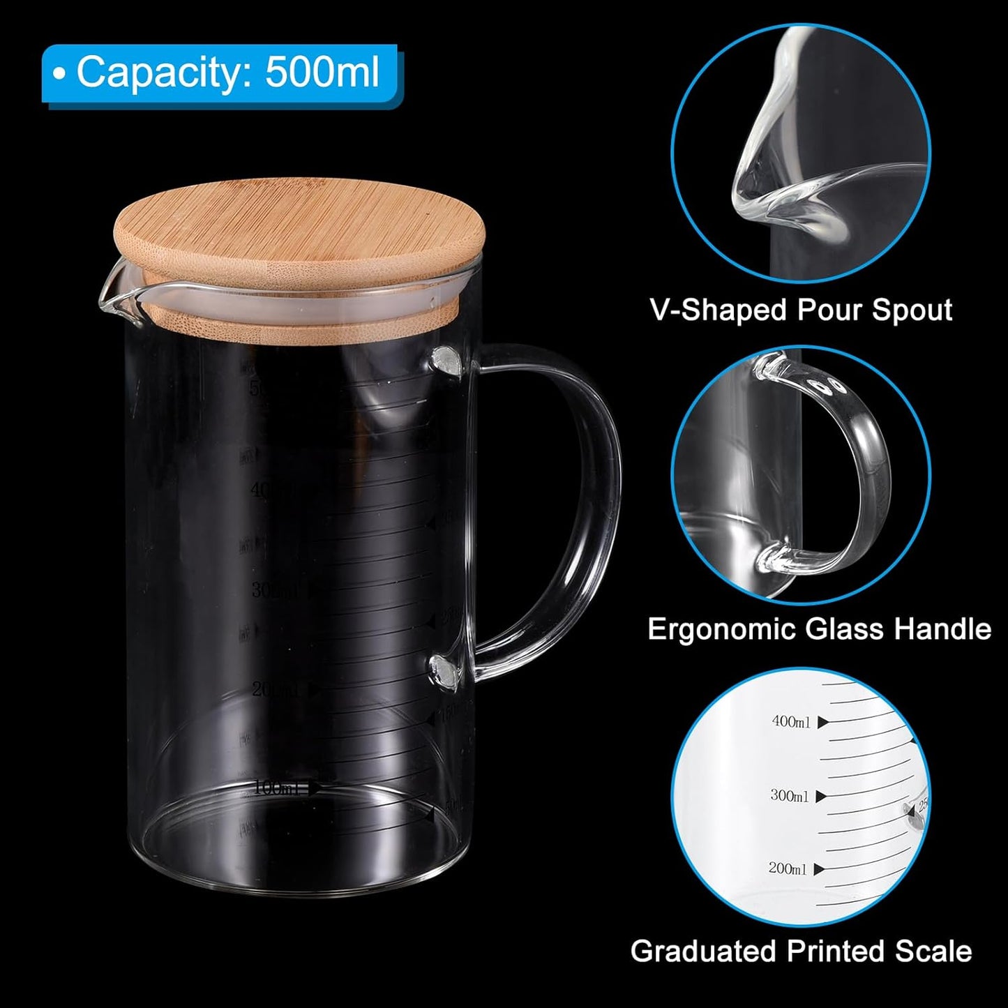 250ml Glass Measuring Cup, 3.3 Borosilicate Glass Graduated White Printed Scale Liquid Measure Cups Beaker with Wood Lid and V-Shaped Spout for Kitchen