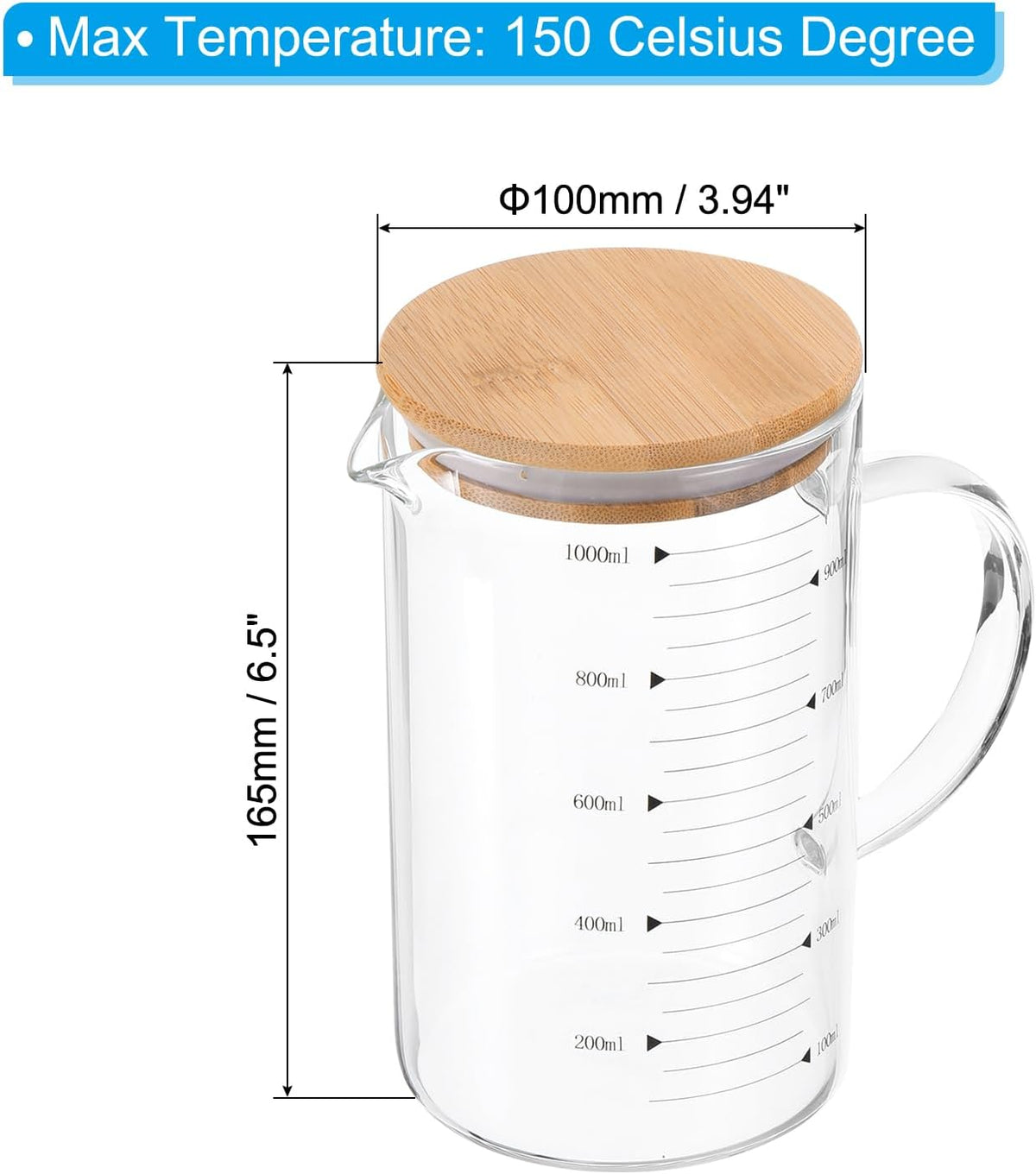 250ml Glass Measuring Cup, 3.3 Borosilicate Glass Graduated White Printed Scale Liquid Measure Cups Beaker with Wood Lid and V-Shaped Spout for Kitchen