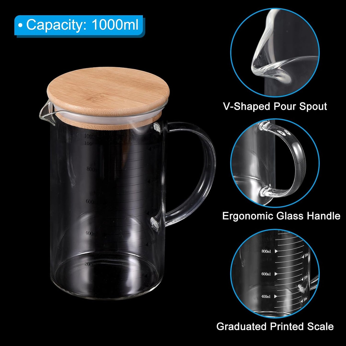 250ml Glass Measuring Cup, 3.3 Borosilicate Glass Graduated White Printed Scale Liquid Measure Cups Beaker with Wood Lid and V-Shaped Spout for Kitchen