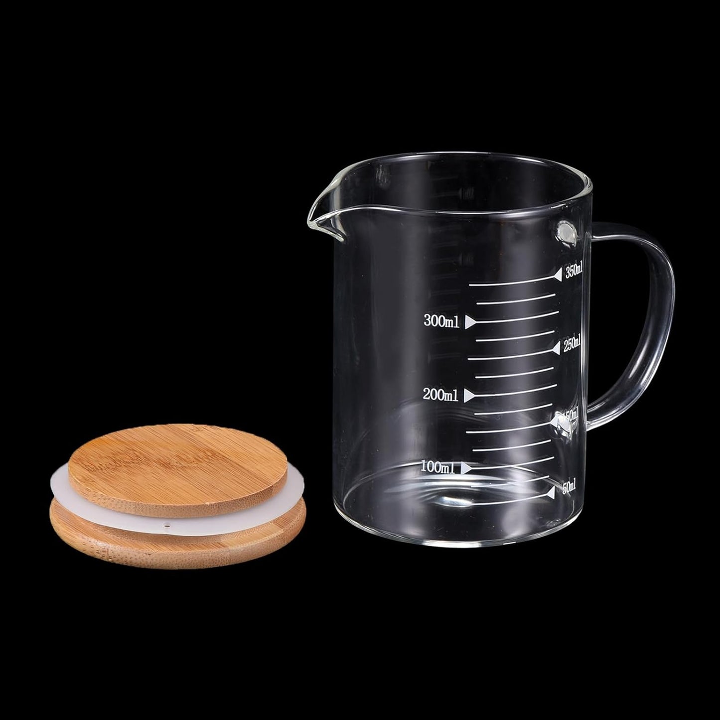 250ml Glass Measuring Cup, 3.3 Borosilicate Glass Graduated White Printed Scale Liquid Measure Cups Beaker with Wood Lid and V-Shaped Spout for Kitchen