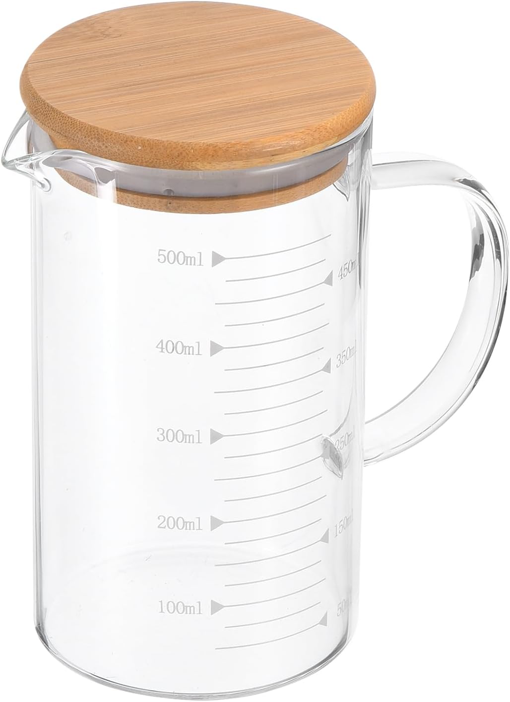 250ml Glass Measuring Cup, 3.3 Borosilicate Glass Graduated White Printed Scale Liquid Measure Cups Beaker with Wood Lid and V-Shaped Spout for Kitchen