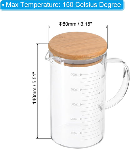 250ml Glass Measuring Cup, 3.3 Borosilicate Glass Graduated White Printed Scale Liquid Measure Cups Beaker with Wood Lid and V-Shaped Spout for Kitchen