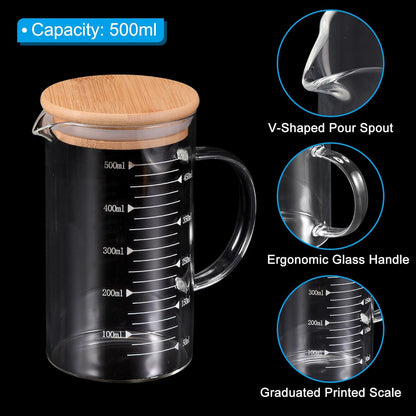 250ml Glass Measuring Cup, 3.3 Borosilicate Glass Graduated White Printed Scale Liquid Measure Cups Beaker with Wood Lid and V-Shaped Spout for Kitchen