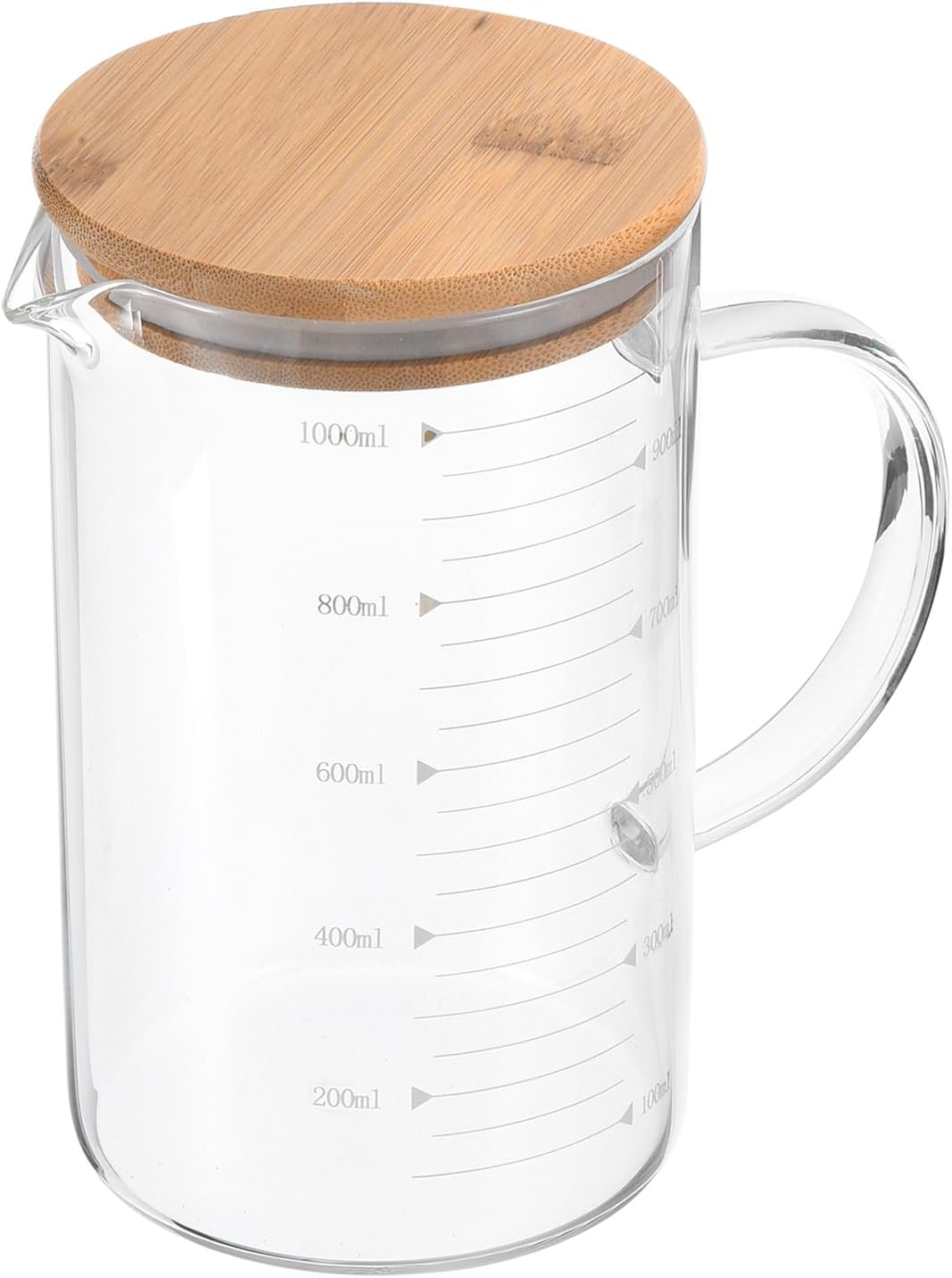 250ml Glass Measuring Cup, 3.3 Borosilicate Glass Graduated White Printed Scale Liquid Measure Cups Beaker with Wood Lid and V-Shaped Spout for Kitchen