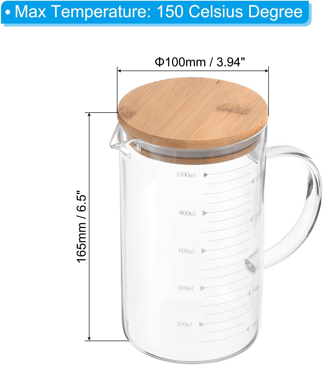 250ml Glass Measuring Cup, 3.3 Borosilicate Glass Graduated White Printed Scale Liquid Measure Cups Beaker with Wood Lid and V-Shaped Spout for Kitchen