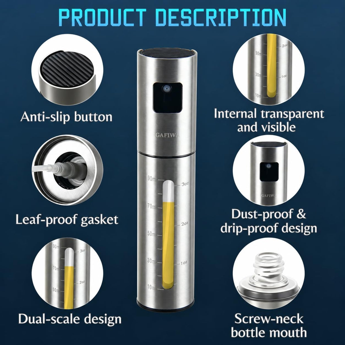 Advanced Olive Oil Sprayer for Cooking, Kitchen Avocado Oil Spray Bottles, Oil Mister Dispenser, 304 Stainless Steel Shell & Food-safe PP Plastic inner Bottle, 100ml, Leak-Proof and Portable.