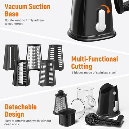 Rotary Cheese Grater Hand Crank, 5-in-1 Vegetable Shredder Chopper Spiralizer Slicer with 5 Interchangeable Blades for Vegetable, Cheese, Fruit, with Blades Storage Box & Stable Suction Base (Black)