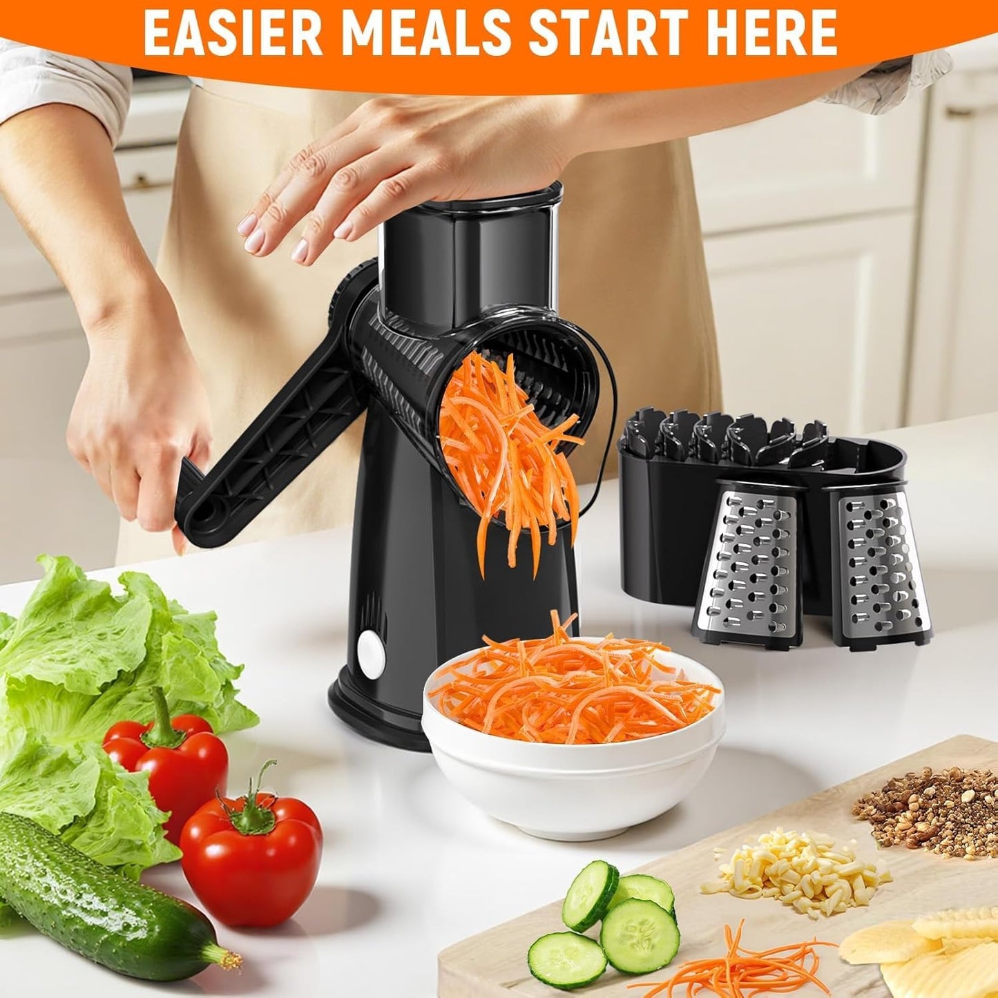 Rotary Cheese Grater Hand Crank, 5-in-1 Vegetable Shredder Chopper Spiralizer Slicer with 5 Interchangeable Blades for Vegetable, Cheese, Fruit, with Blades Storage Box & Stable Suction Base (Black)