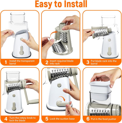 Rotary Cheese Grater Hand Crank, 5-in-1 Vegetable Shredder Chopper Spiralizer Slicer with 5 Interchangeable Blades for Vegetable, Cheese, Fruit, with Blades Storage Box & Stable Suction Base (Black)