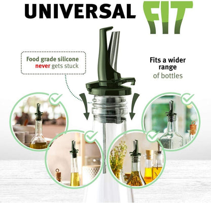 AIRTIGHT Olive Oil Pour Spout for Olive Oil Dispenser - UK Patented Oil Pourer - Hygienic One Handed Open Close Mechanism Keeps Oil Fresh. Dust Caps Cover | Screens Alternative - Green 2 PCs